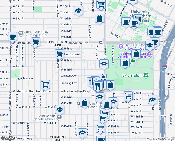 map of restaurants, bars, coffee shops, grocery stores, and more near 1092 West 39th Place in Los Angeles