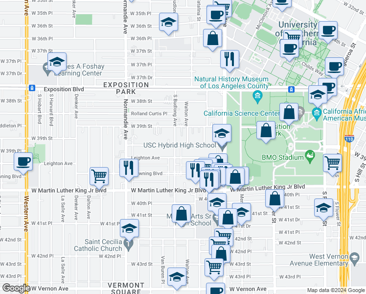 map of restaurants, bars, coffee shops, grocery stores, and more near 1092 West 39th Place in Los Angeles