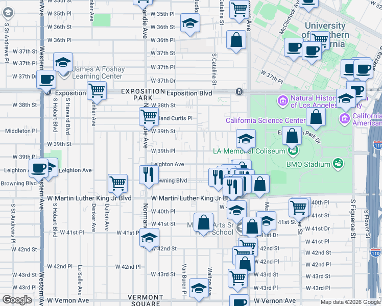 map of restaurants, bars, coffee shops, grocery stores, and more near 3928 Budlong Avenue in Los Angeles