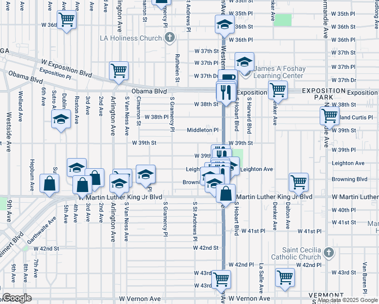 map of restaurants, bars, coffee shops, grocery stores, and more near 1739 West 39th Place in Los Angeles
