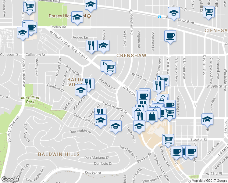 map of restaurants, bars, coffee shops, grocery stores, and more near 4018 Buckingham Road in Los Angeles