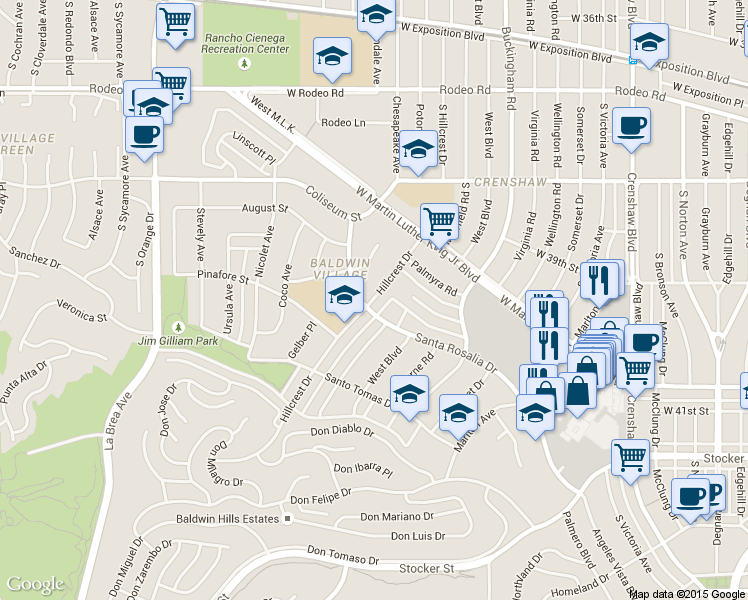 map of restaurants, bars, coffee shops, grocery stores, and more near 3982 Hillcrest Drive in Los Angeles