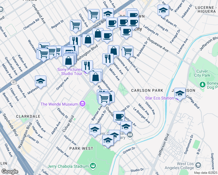 map of restaurants, bars, coffee shops, grocery stores, and more near 4179 Le Bourget Avenue in Culver City