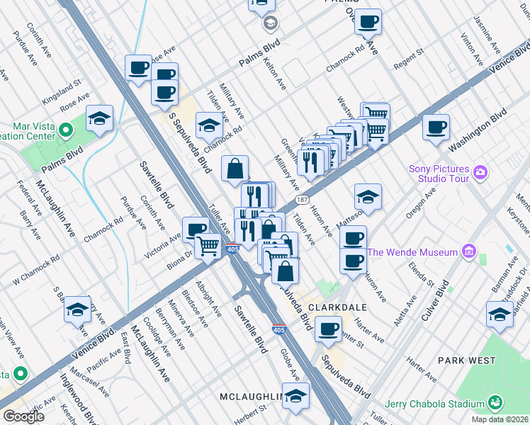 map of restaurants, bars, coffee shops, grocery stores, and more near 11103 Venice Boulevard in Los Angeles
