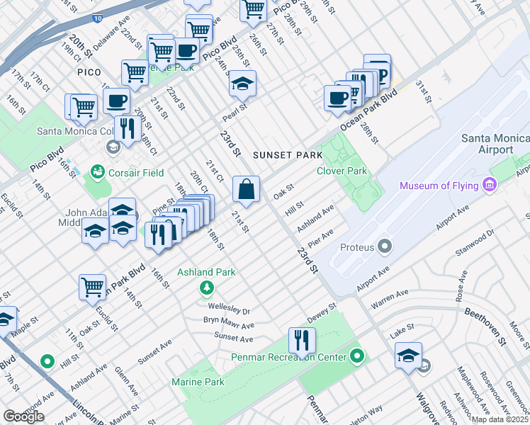 map of restaurants, bars, coffee shops, grocery stores, and more near 2224 Hill Place North in Santa Monica