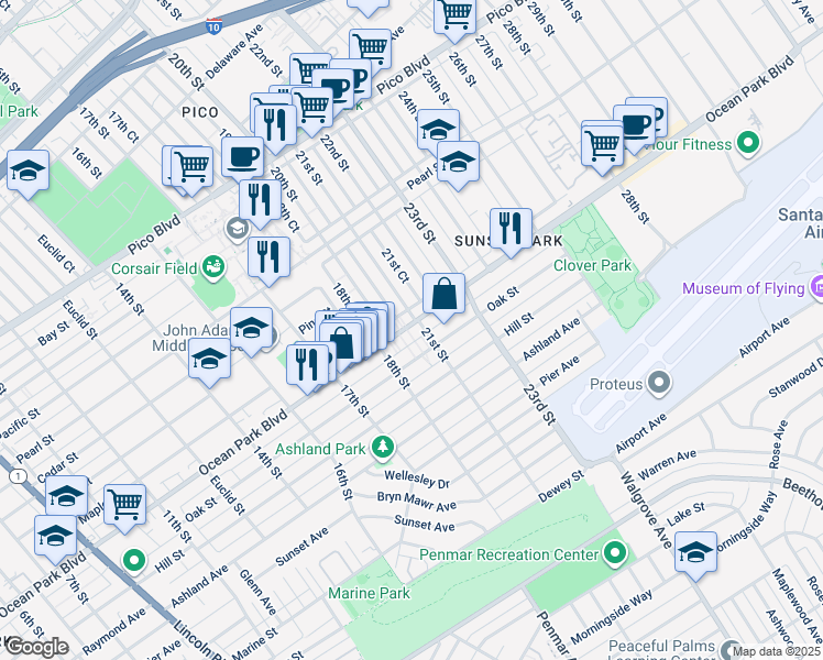 map of restaurants, bars, coffee shops, grocery stores, and more near 2020 Ocean Park Boulevard in Santa Monica