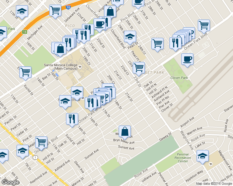 map of restaurants, bars, coffee shops, grocery stores, and more near 2020 Ocean Park Boulevard in Santa Monica