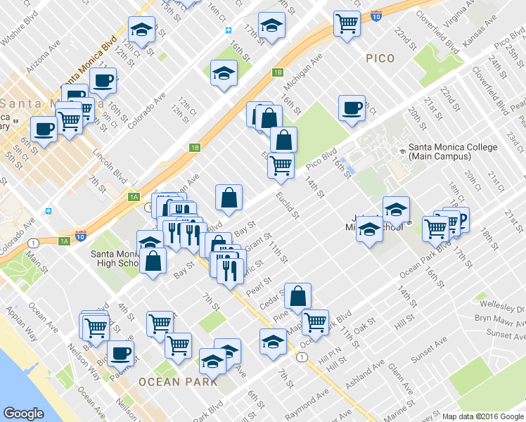 map of restaurants, bars, coffee shops, grocery stores, and more near 1102 Pico Place South in Santa Monica