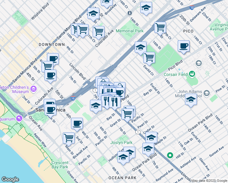 map of restaurants, bars, coffee shops, grocery stores, and more near 1854 10th Street in Santa Monica