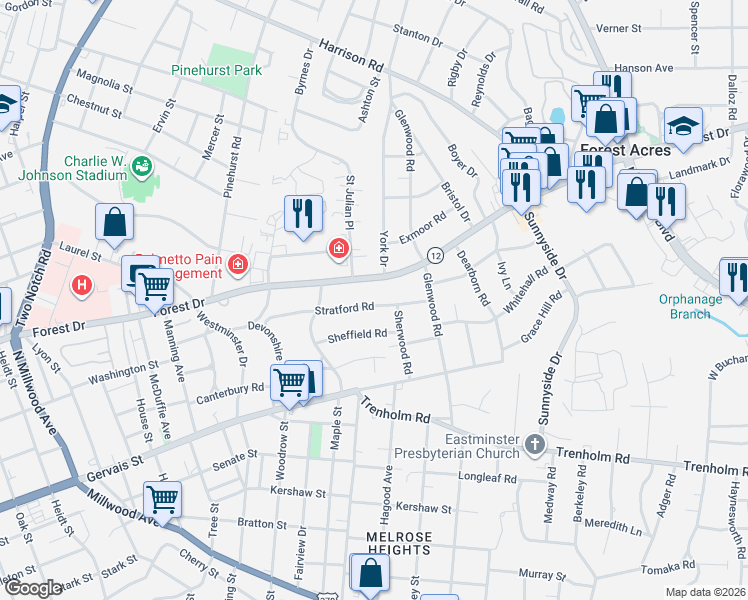 map of restaurants, bars, coffee shops, grocery stores, and more near 2867 Stratford Road in Columbia