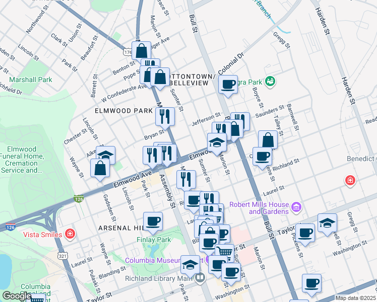 map of restaurants, bars, coffee shops, grocery stores, and more near 1301 Elmwood Avenue in Columbia