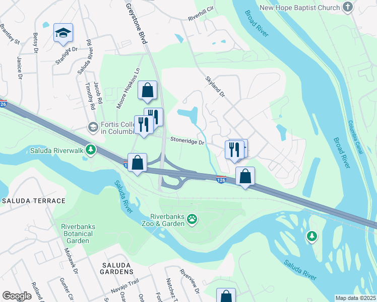 map of restaurants, bars, coffee shops, grocery stores, and more near 180 Stoneridge Drive in Columbia
