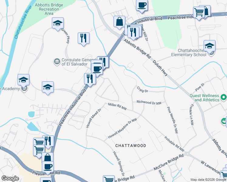 map of restaurants, bars, coffee shops, grocery stores, and more near 4020 River Green Parkway in Duluth