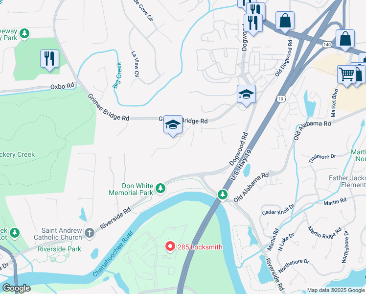 map of restaurants, bars, coffee shops, grocery stores, and more near 500 River Bluff Parkway in Roswell