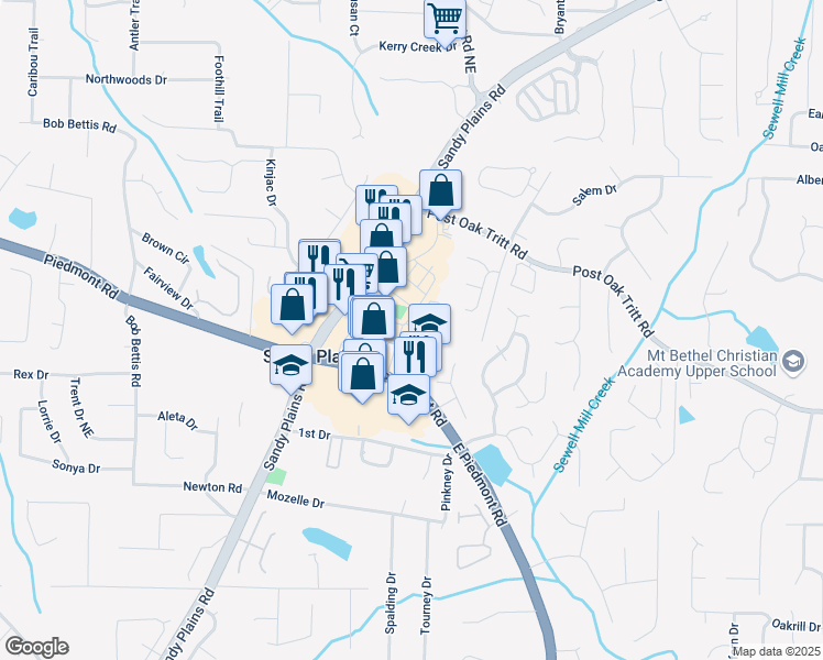 map of restaurants, bars, coffee shops, grocery stores, and more near 2611 Alcovy Trail Northeast in Marietta