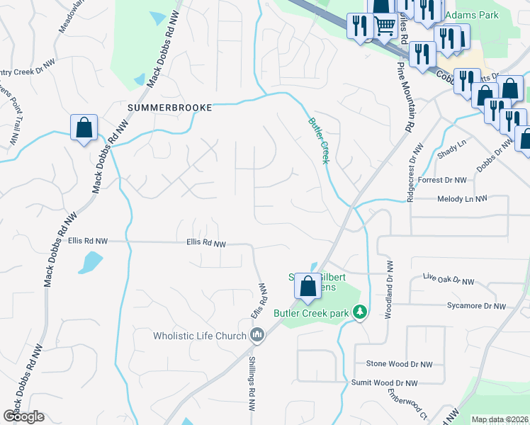 map of restaurants, bars, coffee shops, grocery stores, and more near 2696 Elmhurst Court Northwest in Kennesaw