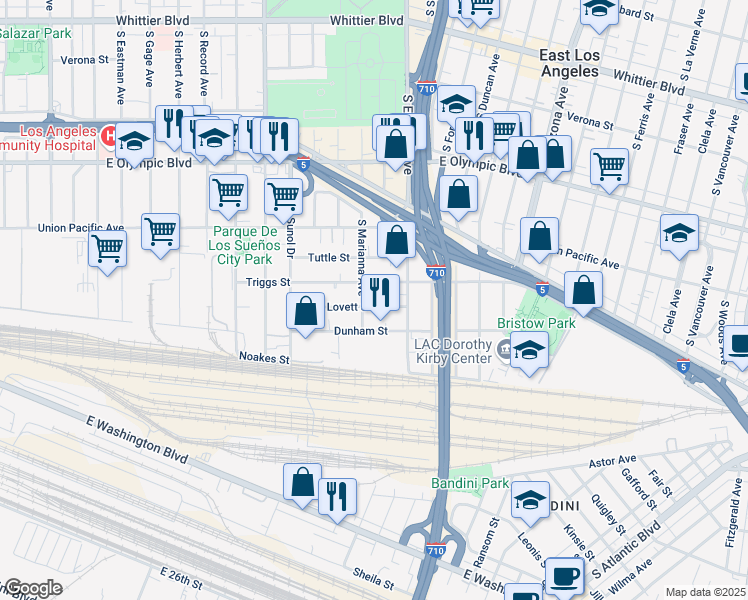 map of restaurants, bars, coffee shops, grocery stores, and more near 4465 Lovett Street in Commerce