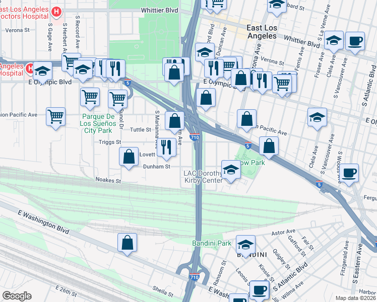 map of restaurants, bars, coffee shops, grocery stores, and more near 1425 1/2 South Sydney Drive in Los Angeles