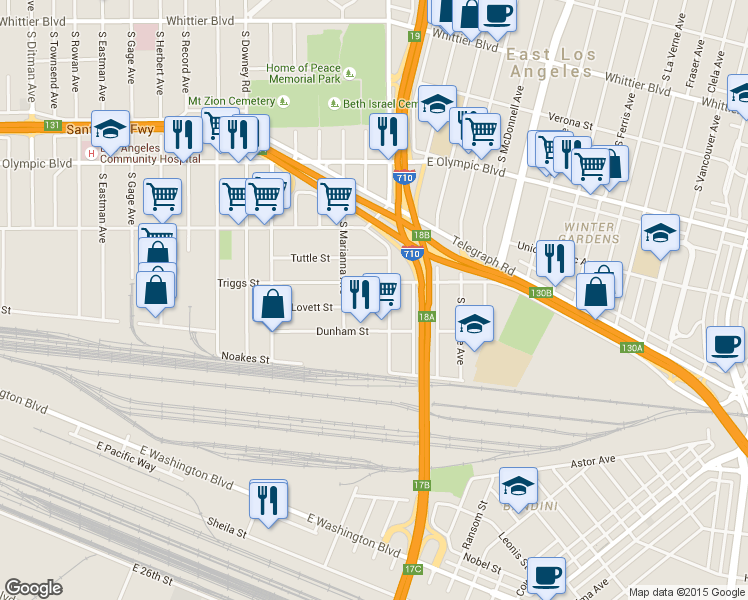 map of restaurants, bars, coffee shops, grocery stores, and more near 4485 Lovett Street in Commerce