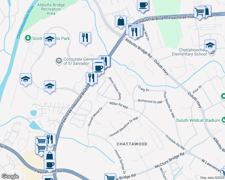 map of restaurants, bars, coffee shops, grocery stores, and more near 3319 Berwick Field Drive in Duluth