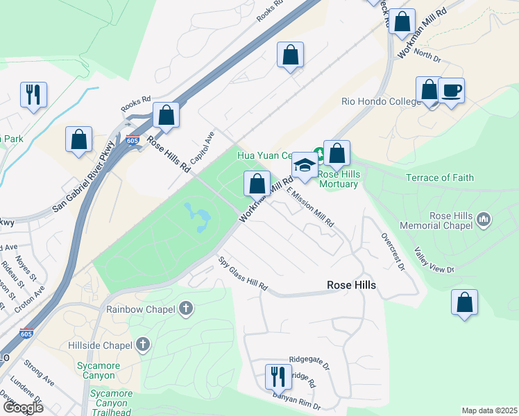 map of restaurants, bars, coffee shops, grocery stores, and more near 4212 Workman Mill Road in Whittier