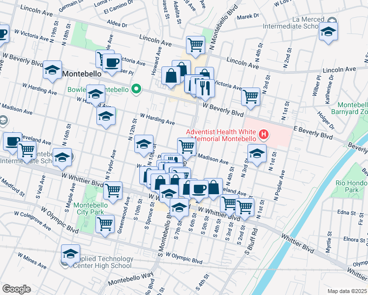 map of restaurants, bars, coffee shops, grocery stores, and more near 305 North Montebello Boulevard in Montebello