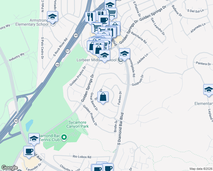 map of restaurants, bars, coffee shops, grocery stores, and more near 23311 Wagon Trail Road in Diamond Bar