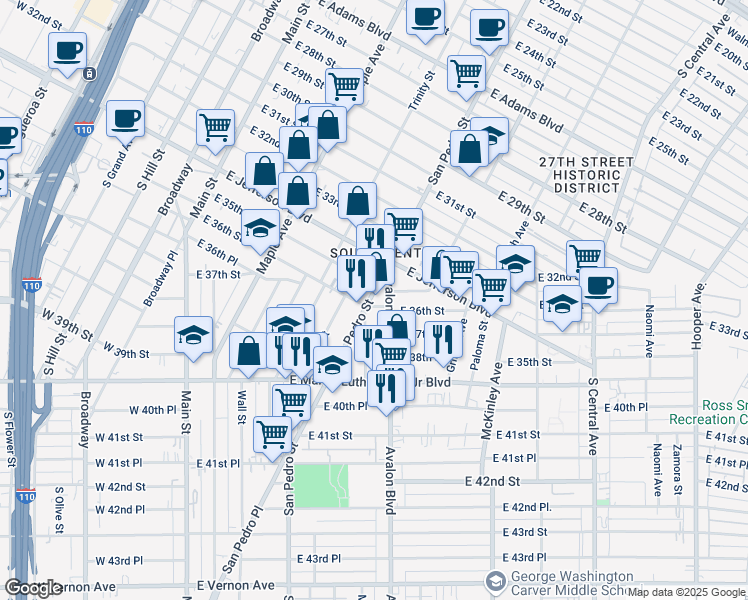 map of restaurants, bars, coffee shops, grocery stores, and more near 3514 San Pedro Street in Los Angeles
