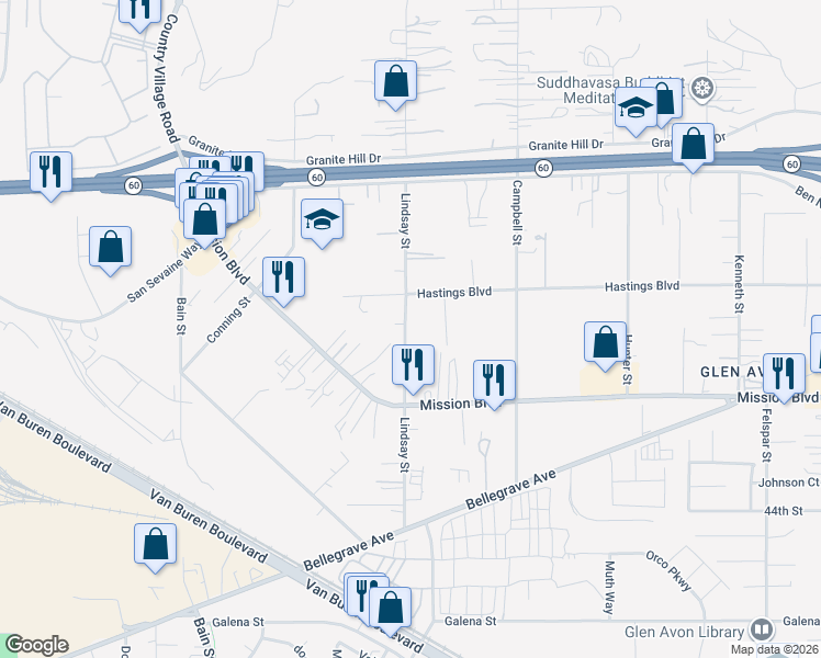 map of restaurants, bars, coffee shops, grocery stores, and more near 4052 Lindsay Street in Riverside