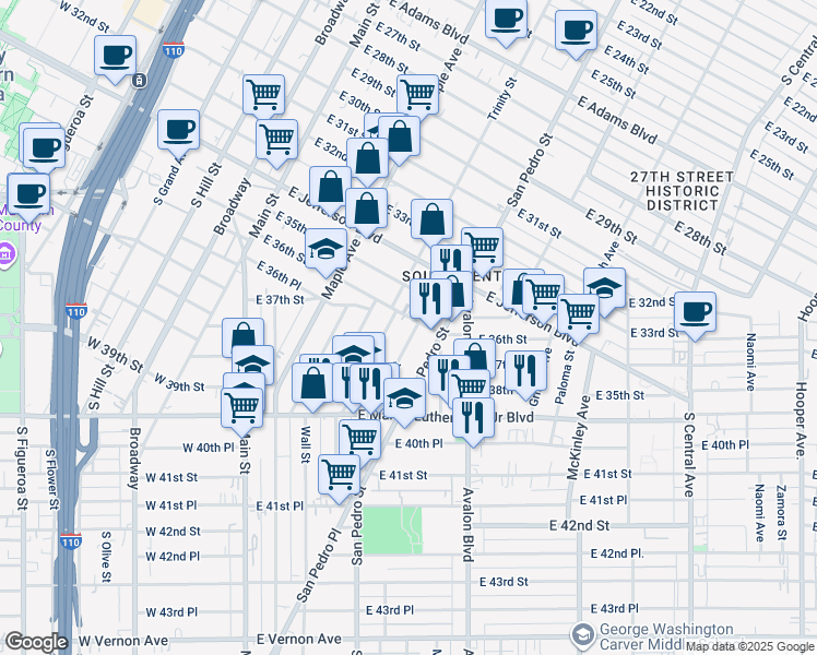 map of restaurants, bars, coffee shops, grocery stores, and more near 3609 Adair Street in Los Angeles