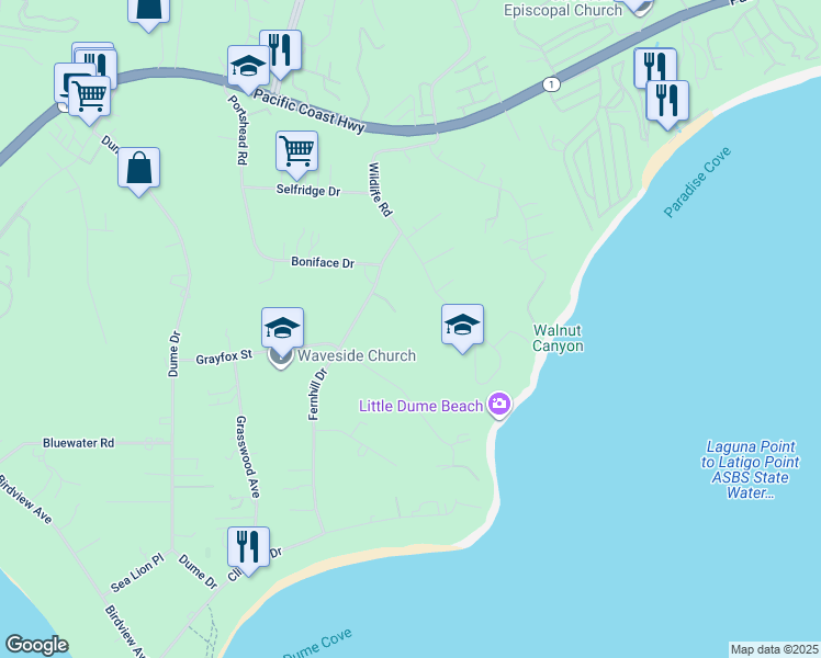 map of restaurants, bars, coffee shops, grocery stores, and more near 28775 Sea Ranch Way in Malibu