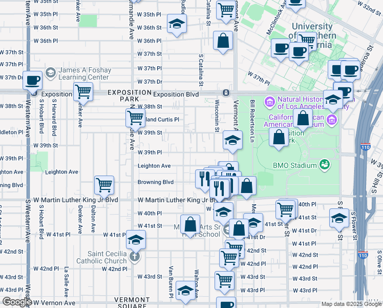map of restaurants, bars, coffee shops, grocery stores, and more near 1092 West 39th Place in Los Angeles