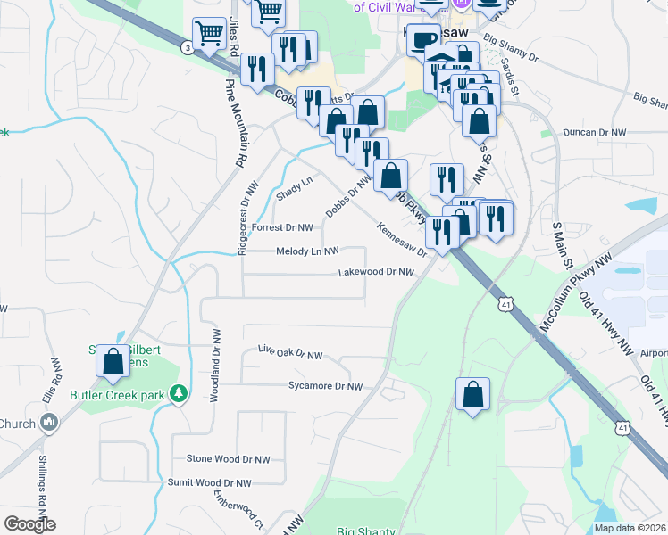 map of restaurants, bars, coffee shops, grocery stores, and more near 2400 Lakewood Drive Northwest in Kennesaw