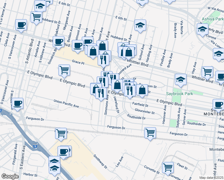 map of restaurants, bars, coffee shops, grocery stores, and more near 5815 East Olympic Boulevard in East Los Angeles