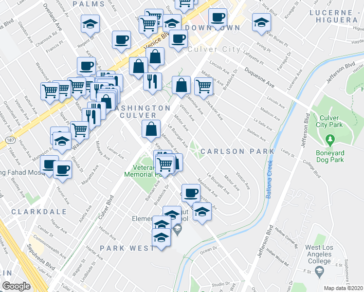 map of restaurants, bars, coffee shops, grocery stores, and more near 4179 Le Bourget Avenue in Culver City