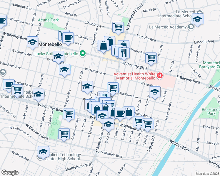 map of restaurants, bars, coffee shops, grocery stores, and more near 804 West Madison Avenue in Montebello