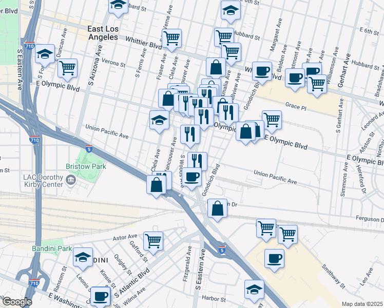 map of restaurants, bars, coffee shops, grocery stores, and more near 1305 South Atlantic Boulevard in East Los Angeles