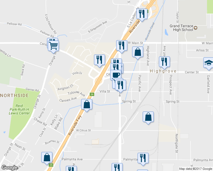 map of restaurants, bars, coffee shops, grocery stores, and more near 421 Devener Street in Riverside