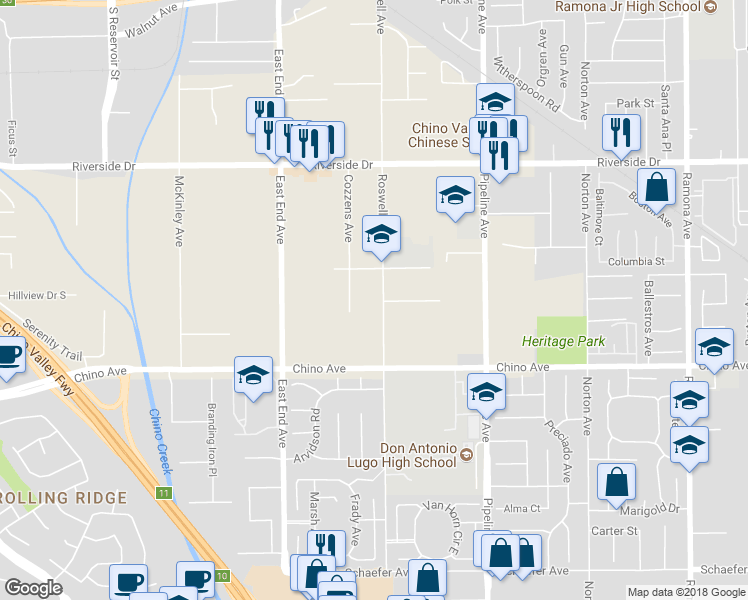 map of restaurants, bars, coffee shops, grocery stores, and more near 13166 Roswell Avenue in Chino