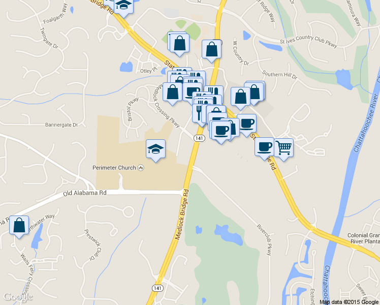 map of restaurants, bars, coffee shops, grocery stores, and more near 9570 Medlock Bridge Rd in Duluth