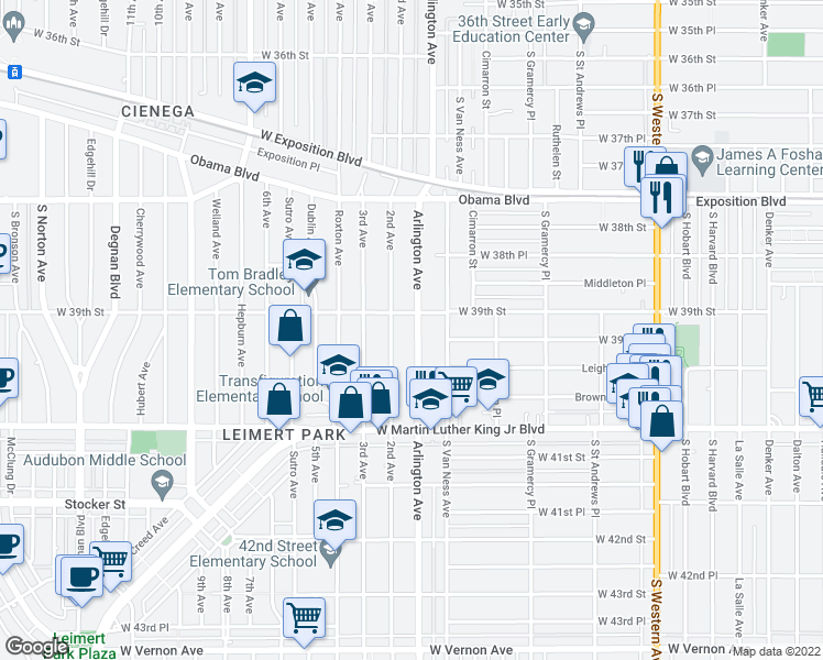 map of restaurants, bars, coffee shops, grocery stores, and more near 3913 Arlington Avenue in Los Angeles