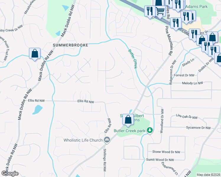 map of restaurants, bars, coffee shops, grocery stores, and more near 2696 Elmhurst Court Northwest in Kennesaw
