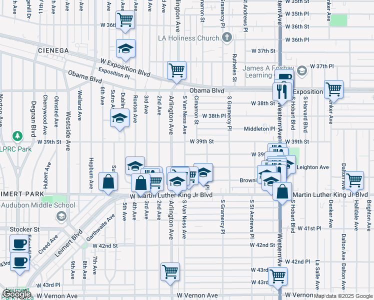 map of restaurants, bars, coffee shops, grocery stores, and more near 3914 South Van Ness Avenue in Los Angeles