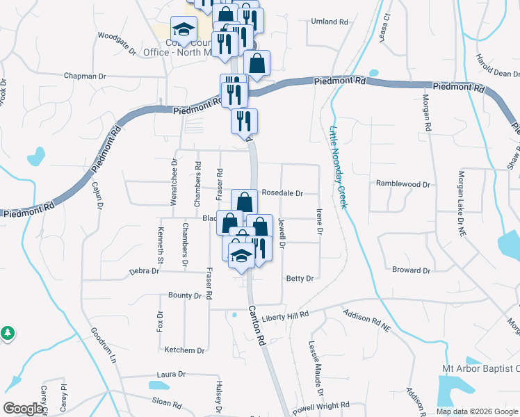 map of restaurants, bars, coffee shops, grocery stores, and more near 2568 Canton Road in Marietta