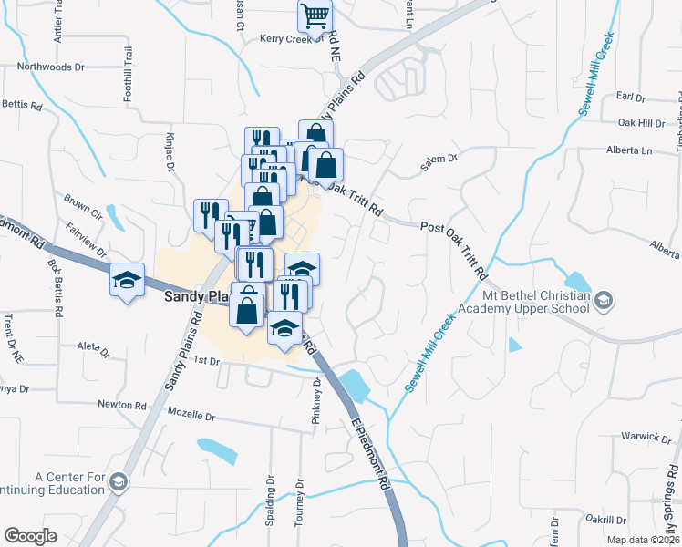 map of restaurants, bars, coffee shops, grocery stores, and more near 2675 Baramore Oaks Lane in Marietta