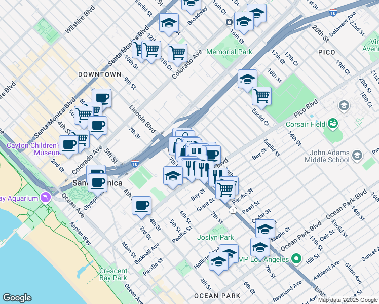 map of restaurants, bars, coffee shops, grocery stores, and more near 1814 9th Street in Santa Monica
