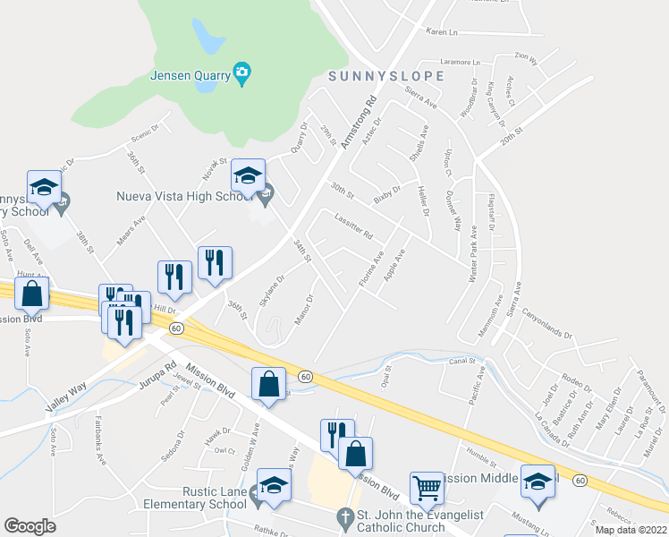map of restaurants, bars, coffee shops, grocery stores, and more near 3317 Felisa Ct in Riverside