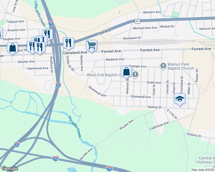map of restaurants, bars, coffee shops, grocery stores, and more near 423 Madison Circle in Gadsden