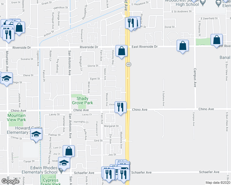 map of restaurants, bars, coffee shops, grocery stores, and more near 13184 Steller Avenue in Chino