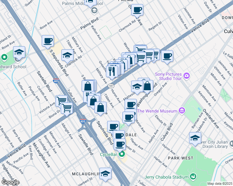 map of restaurants, bars, coffee shops, grocery stores, and more near 3836 Huron Avenue in Culver City
